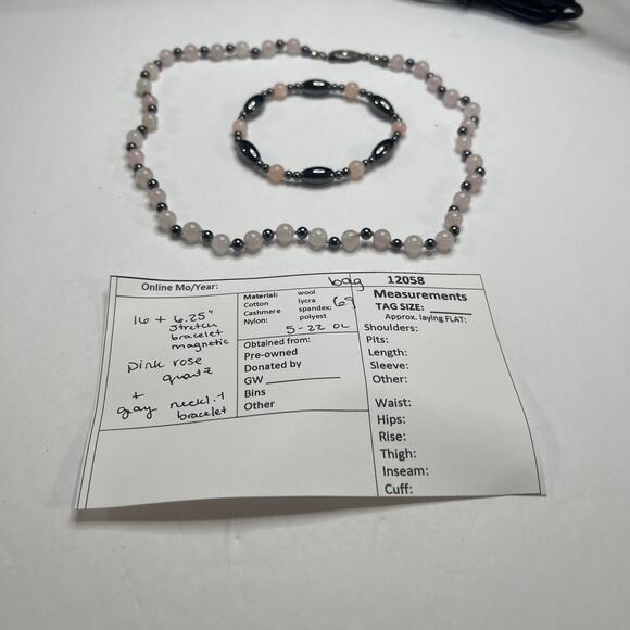 Rose quartz and maybe hematite necklace and stretch bracelet set petite trendy - Picture 8 of 8